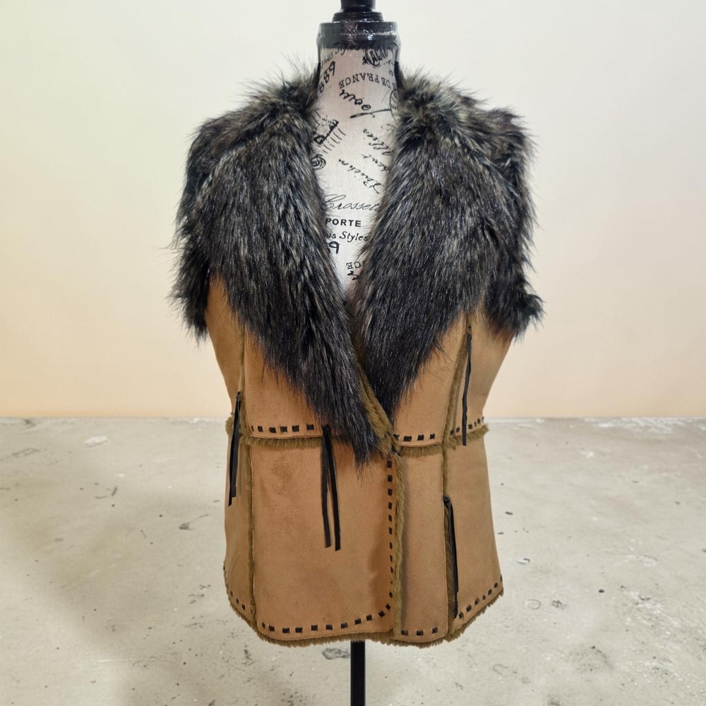 Vintage Y2K Faux Suede Shearling Fur Vest Tan Penny Lane Boho Western Festival